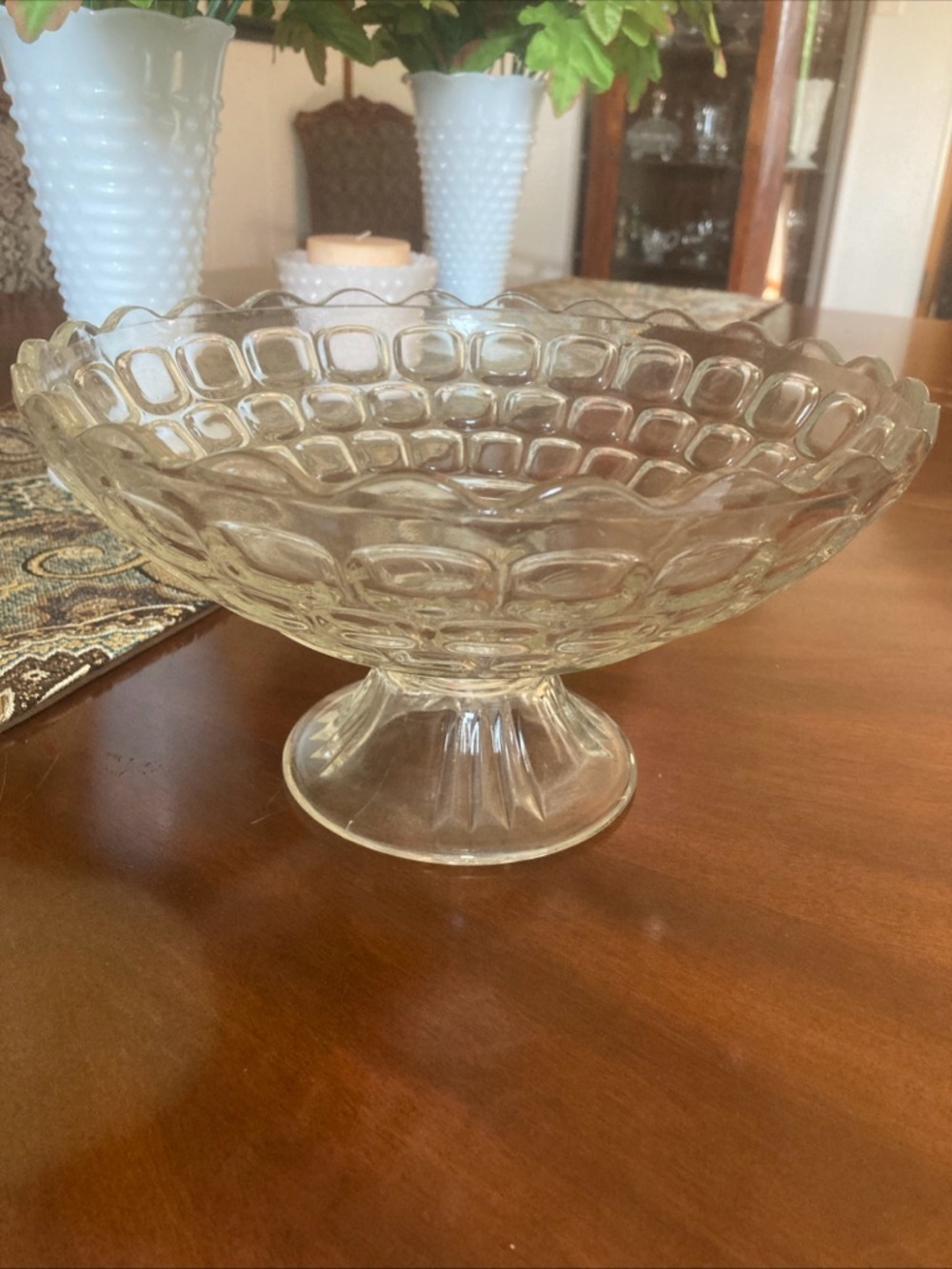 Vintage Federal Glass colonial Yorktown 10” thumbprint pedestal bowl compote